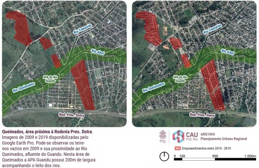 Empreendimentos imobiliários próximos ao Rio Queimados. Escala aproximada de 1/18.000