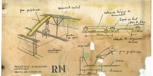 Residência Nivaldo Borges Jr (Nivaldinho), anteprojeto, proposta de montagem das peças pré-fabricadas de cobertura, Brasília DF, 1985. Arquiteto João Filgueiras Lima
