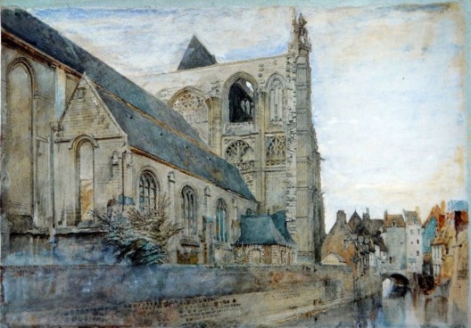 John Ruskin, Abbeville: Church of St Wulfran from the River (1868). Lápis e aquarela, 34.3 x 50.2 cm