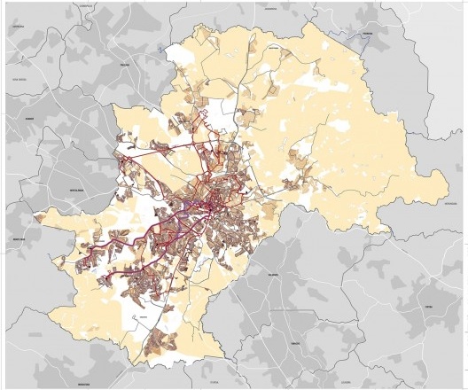 Cartografias do diagnóstico: rede estrutural de mobilidade (ônibus) e densidade demográfica