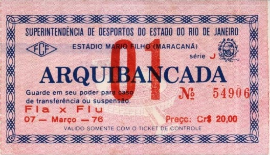 Ingresso do jogo Flamengo 4X0 Fluminense, Maracanã, Rio de Janeiro, 07/03/1976