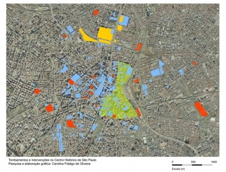 Bem dos tombamentos no Centro de São Paulo. Laranja: Iphan, Condephaat e Conpresp; Vermelho: Condephaat e Conpresp; azul e hachura verde claro: apenas Conpresp