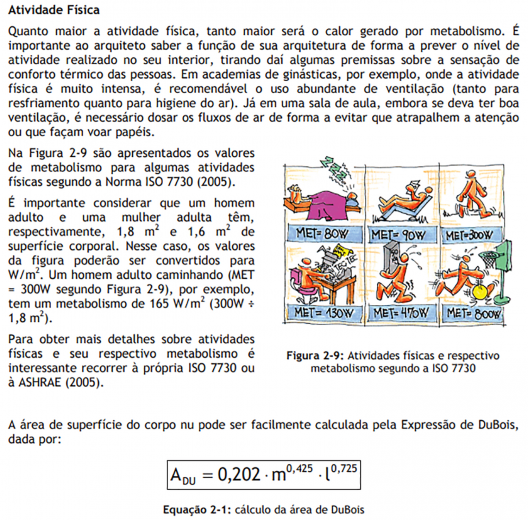 Exemplificação de taxa metabólica para diferentes atividades, segundo ISO 7730 e ISSO 899