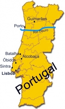 Mapa de Portugal, com as cidades mencionadas no artigo, as \"sete maravilhas de Portugal\"