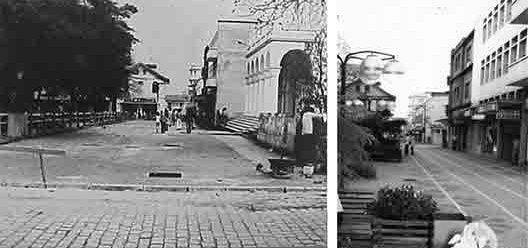 Início das obras do calçadão em frente a Igreja Matriz; calçadão na sua inauguração em 1980, com edifício São Joaquim na esquina, com dois pavimentos