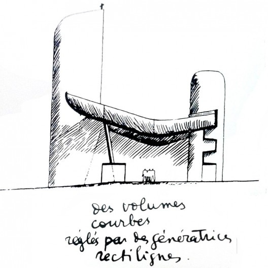 Detalhes de páginas do livro Chapelle Notre Dame du Haut. Le Corbusier escreve: \"volumes curvos organizados por geratrizes retilíneas\": uma metodologia similar é usada para o telhado da Casa Cavanelas