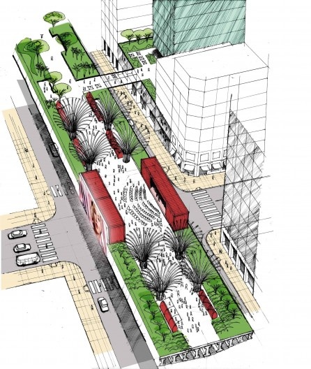 Projeto de criação do Parque Minhocão, palcos móveis (em vermelho): eventos ao ar livre