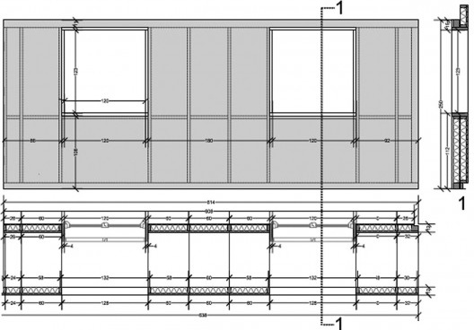 Planta baixa e elevação do painel da envoltória do módulo interno da habitação