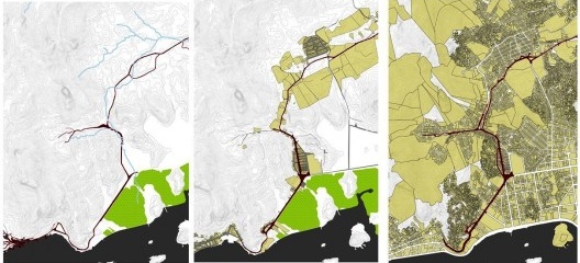 Plantas conjecturais de 1911, 1946 e 1979 do município de Vitória, com identificação em destaque para a direção de parte do Eixo Maruípe