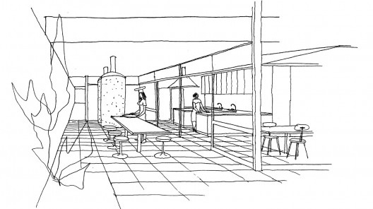 Residência Christiana Brenner, anteprojeto, perspectiva do terraço das artes culinárias, Brasília DF, 2003. Arquiteto João Filgueiras Lima