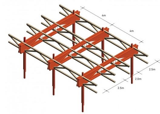 Residência Pio IX, arranjo estrutural com pórticos e treliças, São Paulo SP Brasil, 1999. Arquitetos Marcelo e Marta Aflalo