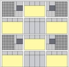 Detalhe do tratamento dado a uma das fachadas do bloco A, de autoria do Grupo LIGS/ Lopez Iñigo, Giráldez e Subías. Observar o jogo de planos baseado no neoplasticismo