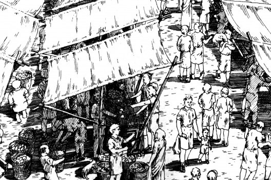 Espaço terciário em gravura de mercado público no Império Romano (detalhe)