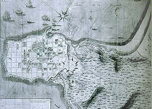 Cidade território, período colonial. Plano de la Plaza de San Felipe y Santiago de Montevideo. 1766. Ing. Rodríguez Cardoso. Tinta e aquarela sobre papel. Museu Histórico Municipal. 82 x 67 cm
