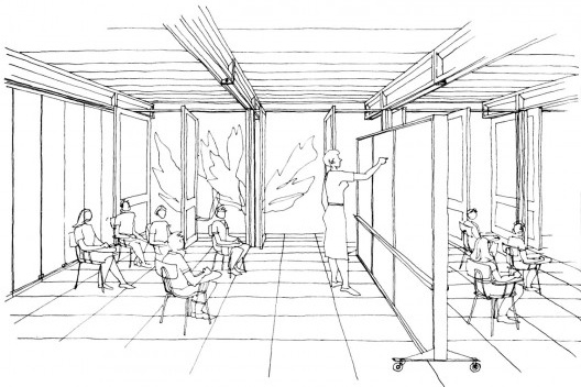 Escola rural transitória, sala polivalente com divisória móvel com quadro de giz, Abadiânia GO. Arquiteto João Filgueiras Lima, Lelé