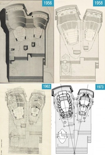 Casa de Ópera de Sidney, evolução do projeto da plataforma, Sidney, Austrália, 1957. Arquiteto Jorn Utzon