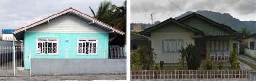 À esquerda, tipologia de casa popular simples (médio porte) de madeira com telhado de 2 águas em telha cerâmica, litoral de SC; à direita, tipologia de casa (médio porte) de madeira, com telhado em várias águas em telha cerâmica, Alto Vale do Itajaí SC