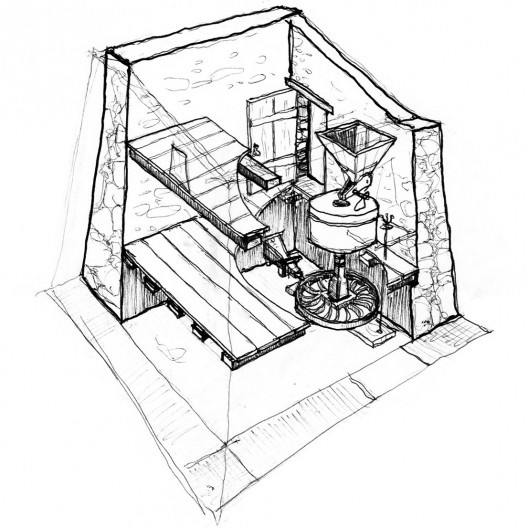 Ilustração reconstituindo hipoteticamente o espaço interno e o maquinismo existente