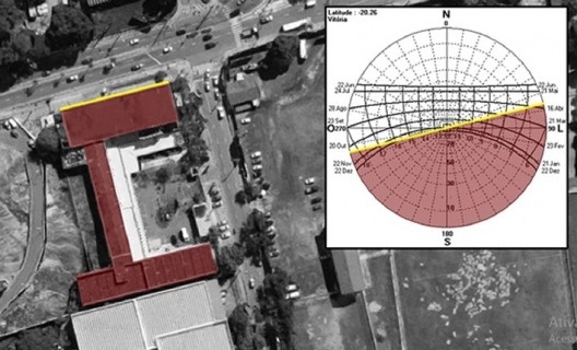 Fotografia aérea antiga Escola Politécnica do Espírito Santo, fachada norte e carta solar