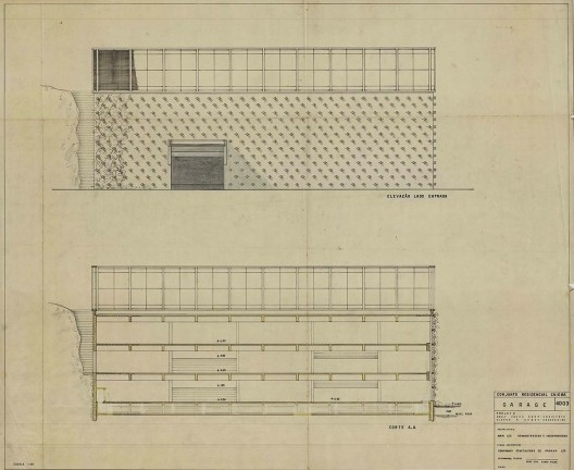 Edifício-garagem, elevação e seção transversal