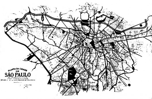 Planta da proposta do crescimento das Áreas Verdes no Plano de Avenidas de Prestes Maia, alinhado aos principais teóricos estadunidenses desse período